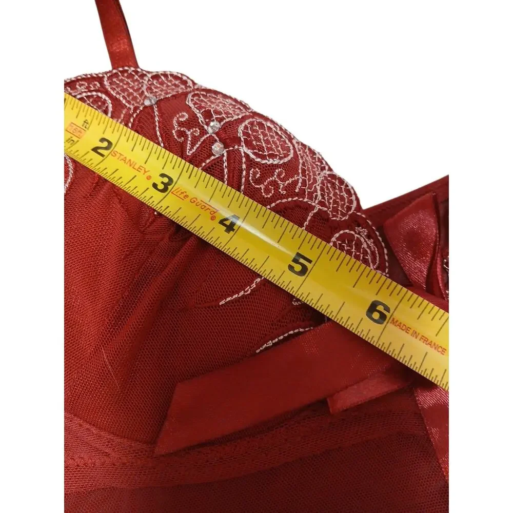 Babydoll Lingerie Sz M Red Semi Sheer Lace Padded Rhinestone Embroidered‎ Ruffle - Picture 7 of 12